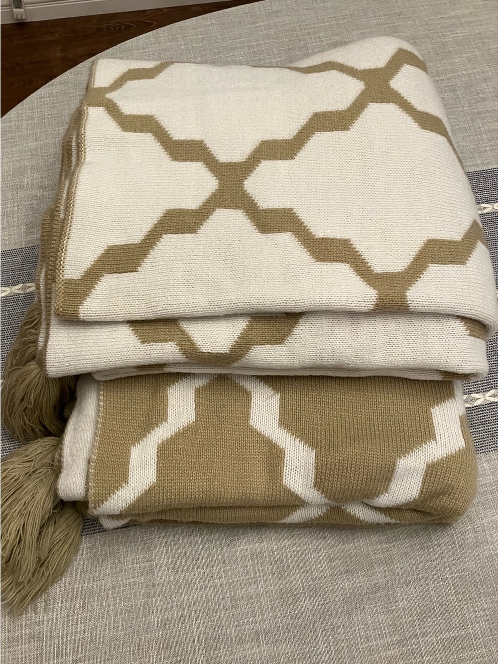 For Darcy - both Pottery Barn Camel & Ivory Geometric Knit Throw Blankets